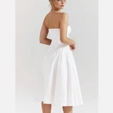 KYLETHOMASW  -  Sexy White Slash Collar Backless Midi Long Strapless Dress Women Pleated Folded Low Waist Pleated Ruched Hem Swing Party Robe
