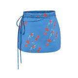 KYLETHOMASW  -  Summer Girl Bandage Lacing Up Sashes Ruched Waist Blue Floral Print Mini Skirts Fashion Women Zip up Waist A-lined Short Skirts