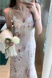 KYLETHOMASW  -  Summer Sweet and Sexy Bodycon Lace Dress for Women V Neck Asymmetrical Hem Slim Fit Spaghetti Strap Tea Dress Y2K Hot Girl Style