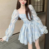 KYLETHOMASW  -  Spring Fall A-line Mini Dresses Blue Vintage Korean Fashion Vestidos Mujer Beach Style Sweet Print Women Dress