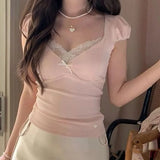 KYLETHOMASW  -  Japanese Spring/summer Comfortable Bow Sexy V-neck Patchwork Lace T-shirt Temperament Elastic Slim Fit Short Sleeved Top
