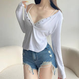 KYLETHOMASW  -  Minimalist style, low cut, lazy and casual knit solid color top, sexy and versatile, slim fit, long sleeved, sexy and versatile
