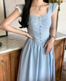 KYLETHOMASW  -  Slim Blue White Checkered Waistband Flying Sleeves Elegant Dress Women Summer New Long Checkered Vestidos