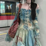 KYLETHOMASW  -  Elegant Vintage Tie Dye Slim Fit Fungus Long Sleeve Tops Women+ Y2k High Waist Ruched Skirts 2025 Summer New Two Piece Sets