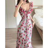 KYLETHOMASW  -  French V-neck Ruffle Floral Dress For Women 2024 Summer New Fashion Unique Evening Party Dresses Vacation Style Waist Long Dress