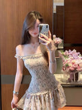 KYLETHOMASW  -  Sweet Floral Mini Dress Women Summer Casual Beach Vacation Sleeveless Dresses Slim Fit Slash Neck Cute Ruffles A Line Dress New