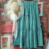 KYLETHOMASW  -  Vintage Sweet Kawaii Mori Girl Style Plaid Long Skirt Women Spring Summer High Waist A-Line Ruffled Loose Aesthetic Maxi Skirt