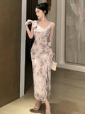 KYLETHOMASW  -  Dresses Women Sexy Sleeveless Floral Square Collar Split Ruffles Vintage Sweet Elegant Temperament Party Dress Ladies