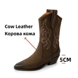 KYLETHOMASW  -  Embroidered Western Cowboy Boots for Women Autumn Pointed Toe Thick Heel Mid-calf  Boots Woman Leather Long Warm Shoes