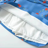 KYLETHOMASW  -  Summer Girl Bandage Lacing Up Sashes Ruched Waist Blue Floral Print Mini Skirts Fashion Women Zip up Waist A-lined Short Skirts