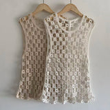 KYLETHOMASW  -  Minimalist Style Women's Cotton Crochet Knit Vest Hollow Out Embellished Sleeveless Casual Summer Loose Top