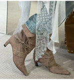 KYLETHOMASW  -  Autumn Winter Faux Suede Weave Lace-up Women Motorcycle Boots Fashion High heels Chelsea Western Mid-Calf Short Booties Shoes