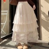 KYLETHOMASW  -  Long Skirts Mesh Ruffles Solid A-line Spring Summer Sweet Women Skirt Elegant Vintage High Waist Faldas Mujer