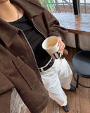 KYLETHOMASW  -  Fashion Lapel Collar Zipper Jacket Women's Casual Solid Suede Full Sleeve Coat 2025 Lady Autumn Chic High Street Outwear