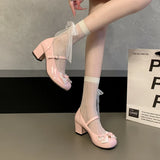 KYLETHOMASW  -  Sweet Lolita Butterfly-knot Women Mary Jane Shoes Concise Mid Heel Patent Leather Dress Shoes Cosplay Party Daily Wear Pumps