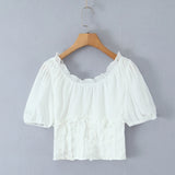 KYLETHOMASW  -  Sweet White Embroidery Hollow Out Hole Splice Lace Elastic U Collar Short Sleeve Shirt Women Center Buttons Slim Crop Tops