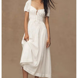 KYLETHOMASW  -  Holiday White Bow O neck Elastic Body Puff Sleeve Long Dress Women Slim Ruched Waist A-lined Swing Dresses Summer Robe Vestidos
