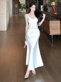 KYLETHOMASW  -  Woman Dress Sleeveless Satin V Neck Lace Patchwork Bandage Sexy Elegant Backless Mermaid Dresses Party Female Fashion