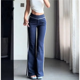 KYLETHOMASW  -  Retro Slim Fit Striped Wide Leg Pants Women's Casual Style Low Waist Long Trousers Polyester Fiber Straight Body Type