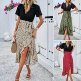 Kylethomasw High Quality Women's Clothing  Spring Summer Temperament Contrasting V-neck Patchwork Dress Bow Vestido Fashion Sexy Dress
