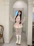 KYLETHOMASW  -  Japanese Sweet Cute Large Bow Pink Striped Dress Women Lapel Flutter Sleeve Heart-shaped Button Single Breasted Dress New