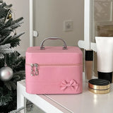 KYLETHOMASW  -  Pink Bow PU Leather Makeup Bag Alloy Handle Portable Skincare Product Storage Box Waterproof Large Capacity Handheld Makeup Case