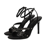 KYLETHOMASW  -  Fashionable round Head Diamond Glitter Sandals Thin Heel Buckle Strap High Heels Breathable Open Toe Luxury Sensation Shoes