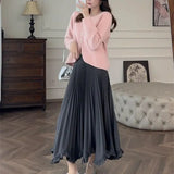 KYLETHOMASW  -  Autumn New Elegant Women's Pleated Skirt Solid Color Elastic Waist A-Line Party Skirts Sweet Ruffles Asymmetric Long Jupe