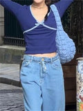 Kylethomasw -  Contrast V-Neck Tee Bow T-shirt Pullover Cropped Y2k Top Summer Elegant Long Sleeve Female Crop top Tee Cute T-Shirts New