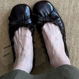 KYLETHOMASW  -  Sheepskin Niche Bow Elastic Large Size Flat Shoes Round Toe Comfortable Small Leather Shoes Grandma Ballet Flats