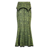 KYLETHOMASW  -  Y2K Vintage Fashion Elegant Green Trumpet Long Skirt Graphic Printed Lace Trim High Waist Skirt Women Aesthetic