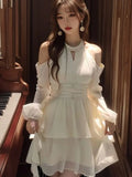 KYLETHOMASW  -  Korea White Halter Hollow Out Off Shoulder Dresses Advanced Sense Waist Retraction Fantasy Gentle Short Lady's Clothes