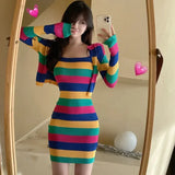 KYLTHOMASW  -  Sweet Hot Girl Suit Women's Autumn and Winter Striped Slim Fit Wrap Hip Strap Dress Long-sleeved Knitted Cardigan Two-piece Set