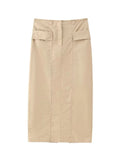 Kylethomasw  Woman Chic High Waist Slim Hem Slit Skirts Women Elegant Casual Khaki Zipper Pocket Decorate Long Skirt Streetwear