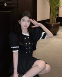 KYLETHOMASW  -  Socialite High end Black Two Piece Set Women Outfits Summer Short Slim Lace Bubble Sleeve Top High Waist Pleated Skir