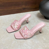 KYLETHOMASW  -  Fashion Flower Women Thin Heels Slides Sandals Shoes Square Toe Sexy Ladies High Heels Shoes Slip On Female Sandals Pumps