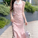 KYLETHOMASW  -  Summer Pink Tweed Two Piece Set for Women High End Elegant Style Sleeveless Top and Slim Fit Midi Skirt Flattering Outfit