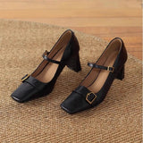 KYLETHOMASW  -  Metal Buckle Decoration Mary Jane Shoes Women Comfortable Leather High Heels Elegant Chunky Heel Women Pumps Zapatos De Mujer