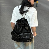 KYLETHOMASW  -  Harajuku Solid Color Chain Backpack Women Drawstring Studded Leather Large Capacity Backpack Ladies Fashion Y2k Mochilas Mujer