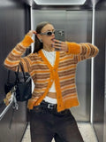 KYLETHOMASW  -  Striped Fuzzy Mohair V-Neck Knit Cardigan Oversize Button Front 2025 Autumn New Chic Casual Women Coat Fashion Cozy Lady Sweater