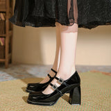 KYLETHOMASW  -  Shallow Mouth High Heel Leather Shoes Slip On Mary Jane Chunky Sandals Increasing Height Clogs for Women Lace-Up Navy Blue Pumps