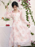 KYLETHOMASW  -  Elegant Party Long Dresses Spring Fairycore Dress Pink Bow Lace-up French Style Square Neck Fairy Dresses Female Cloting New