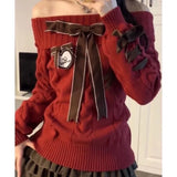 KYLETHOMASW  -  Sweet Sexy Knitted Pullover Off Shoulder Elegant Kawaii Bow Patchwork Sweaters Cute Preppy Style Long Sleeve Sweaters