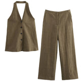 KYLETHOMASW  -  Color Single Breasted Vest Minimalist Casual Pants Retro Linen Texture Coffee Two Pieces Set Women Straight Leg