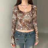 KYLETHOMASW  -  Autumn new retro leopard print long sleeved T-shirt with European and American round neck tight bottom top
