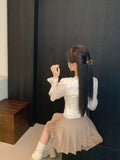 KYLETHOMASW  -  French Apricot Double-layer Lapel Long-sleeved Shirt for Women in Autumn Lace Fitted Waist Shirt