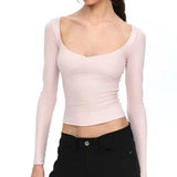 KYLETHOMASW  -  Women T Shirts V Neck Stretch Slim Long Sleeve 2025 Autumn Fashion New Basic Crop Tops Female Y2k Tee Shirt Casual