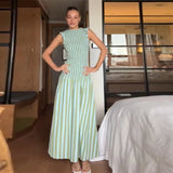 KYLETHOMASW  -  Elegance Sleeveless Striped Pleated Women Dress Slim A-line Flared Chic Robes 2025 Summer Party Vacation Female Maxi Dresses