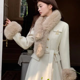 KYLETHOMASW  -  Sweet Hot Girl Large Fur Collar Woolen Coat Women's Winter Slim Single Breasted Belt Long-sleeved Coat Fashion Female Clothes