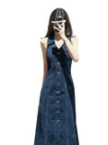 KYLETHOMASW  -  French High-end Retro Single-breasted Denim Dresses Women Summer Halter V-neck Sleeveless Slim Temperament Long Suspenders Dress